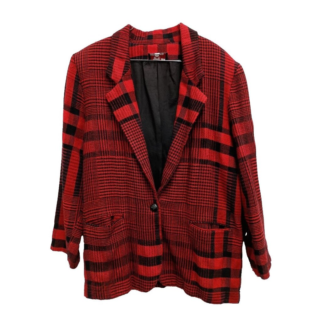 Vintage Claude Womens Blazer Jacket Size 12 Red Plaid‎ Wool One Button Academia